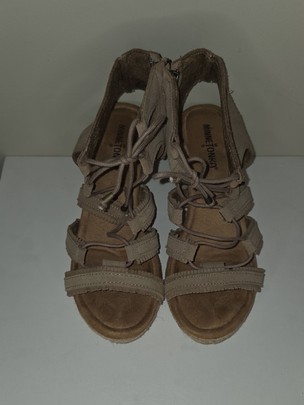 Minnetonka Beige Suede Lace-Up Gladiator Sandals